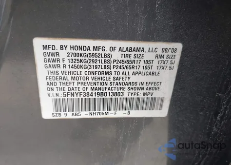 2009 Honda Pilot Ex from USA, damaged, VIN 5FNYF38419B013803